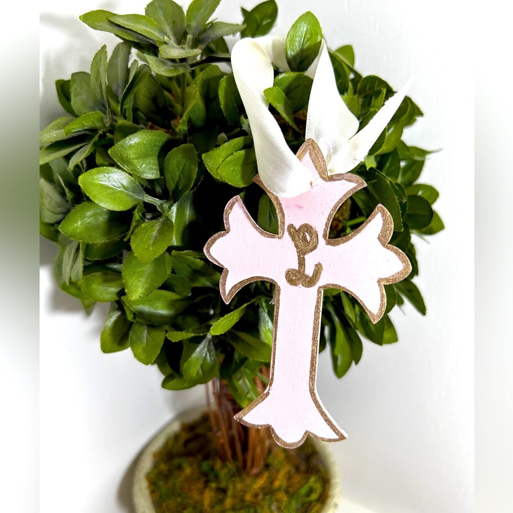 Pale Pink Gold Initial Cross Ornament Hand Painted Handmade Christmas